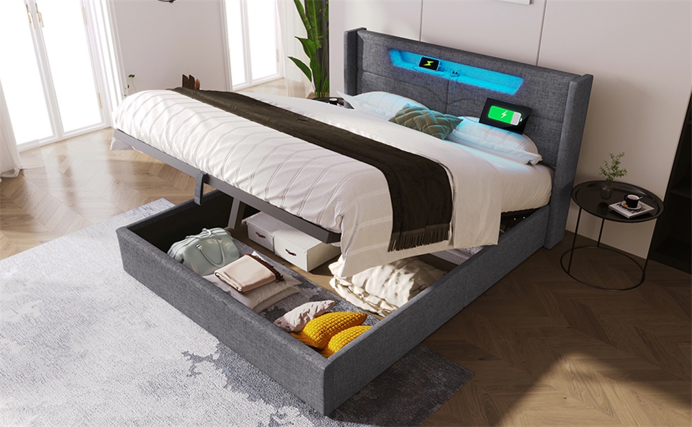 Lit 160x200 Avec Tête De Lit LED Et Rangement – Design Flottant, Tissu Lin, Gris/beige