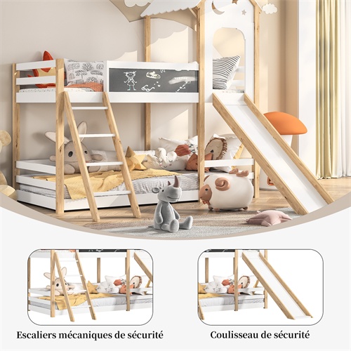 Lit Mezzanine | Lit Enfant 90x200 Cm - Avec Toboggan Et Panneau Graffiti, Cadre En Bois - Blanc (Sans Matelas) | Leroy Merlin