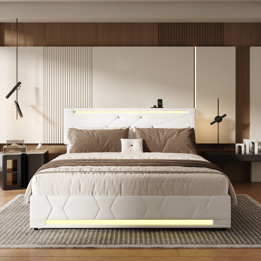 Letto contenitore 140x200 cm con rete - Testiera imbottita trapuntata - Contenitore idraulico - Pelle nera | Leroy Merlin