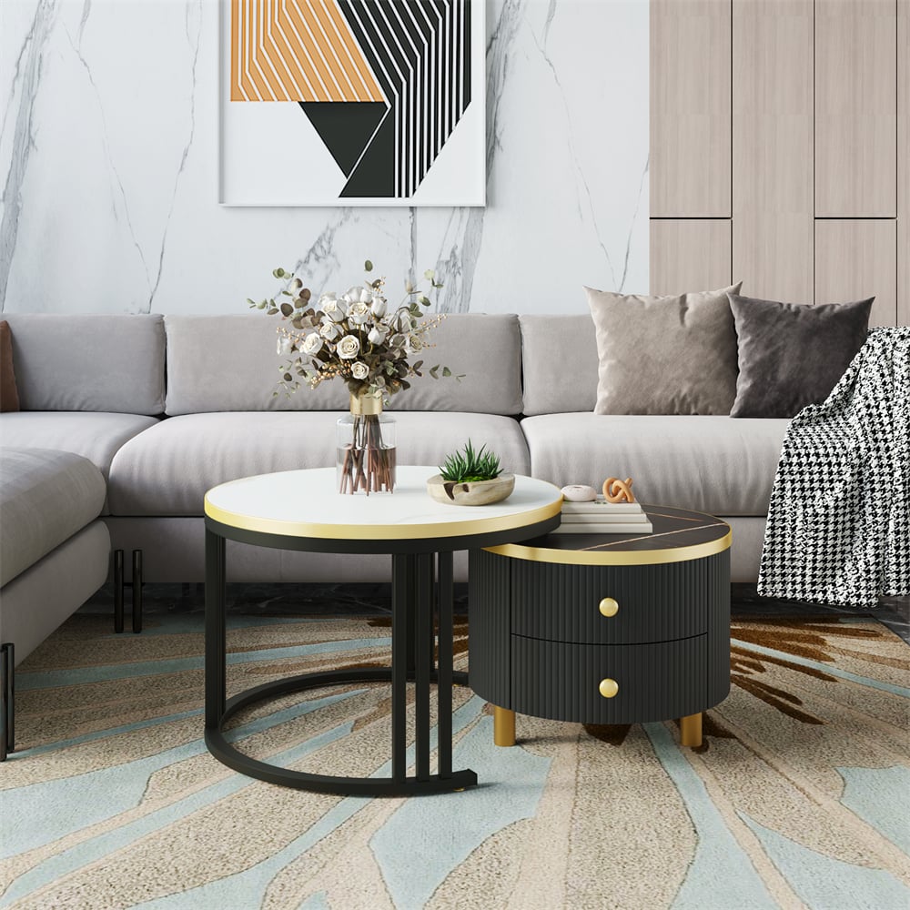 Tables Basses Gigognes Rondes Lot De 2 - Avec 2 Tiroirs, Motif Marbre, Plateau En Verre Trempé, Structure En Métal - Noir + Blanc -VIDAXL || Songmics Soldes AAHKMJXYDAFdJAOAIMEbOAchX Ni0V6kW5l0kMox3xvg daZ18cFcKNrfaVZmSq3yAQ=