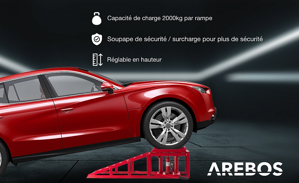 AREBOS Rampe De Levage Leve VoitureVoitures Véhicule Kit De RampesHydraulique Réglable 2 T Rampe D'accès De 270-375 Mm Rouge -Stanleyfaco Magasin
