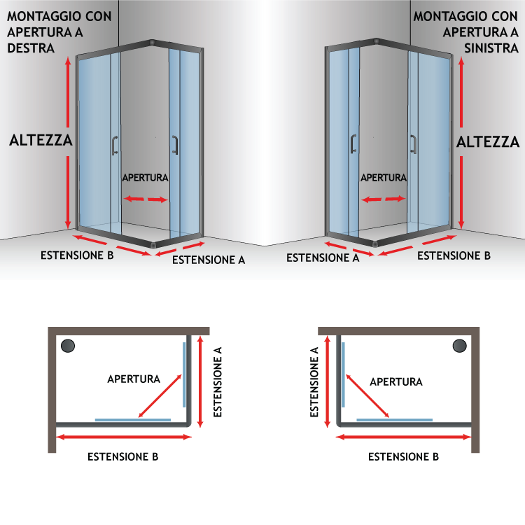 Possibili Sistemi di montaggio del box con lato fisso più battente