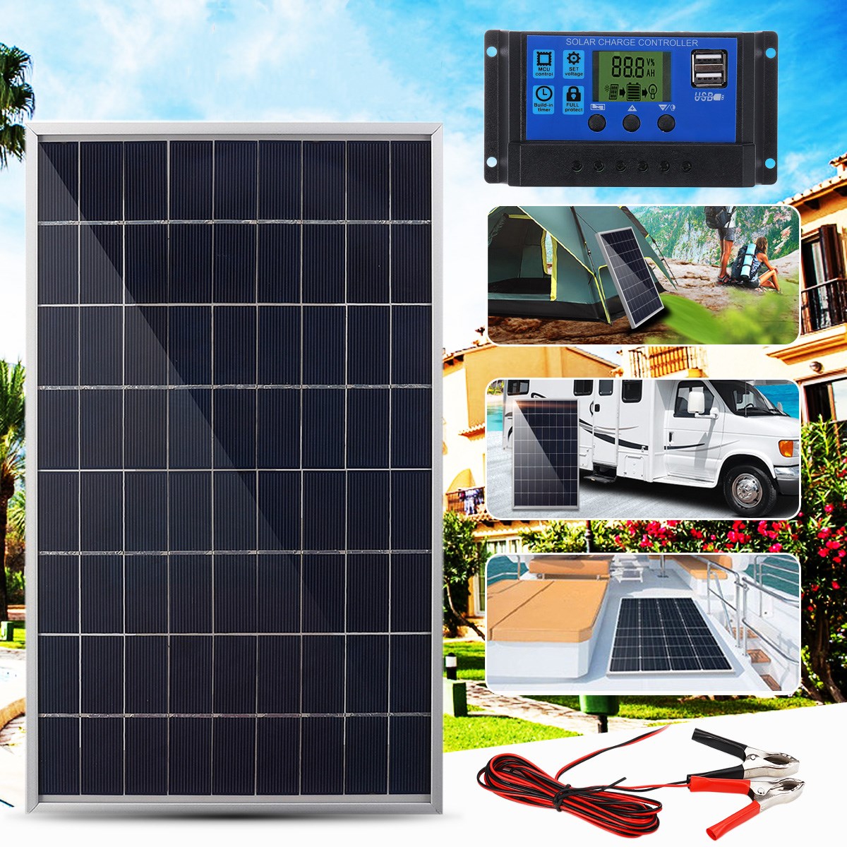 Panel Solar Portátil 12V, Controlador 40A para Cargar de Batería en Coche,  Caravana, Coche, Barco, RV