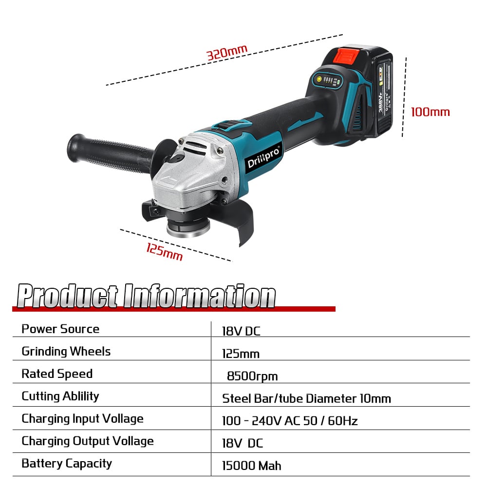 Smerigliatrice angolare elettrica a batteria 18V 20000RPM 125mm con 2  batterie