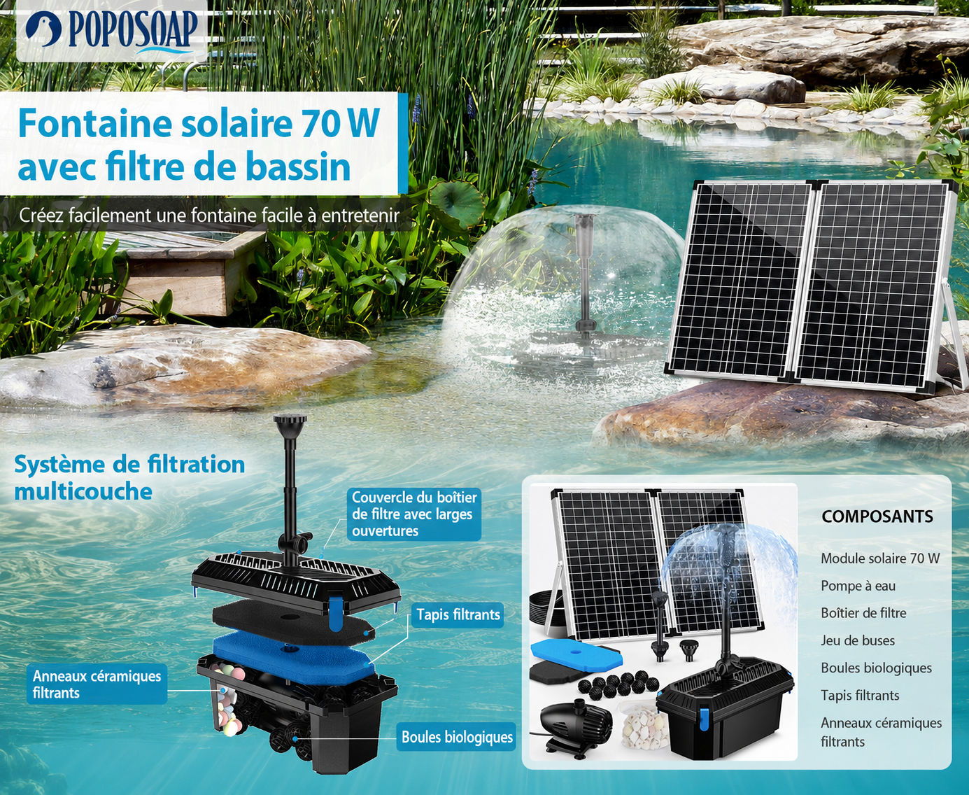 Filtre de bassin solaire avec système de filtration