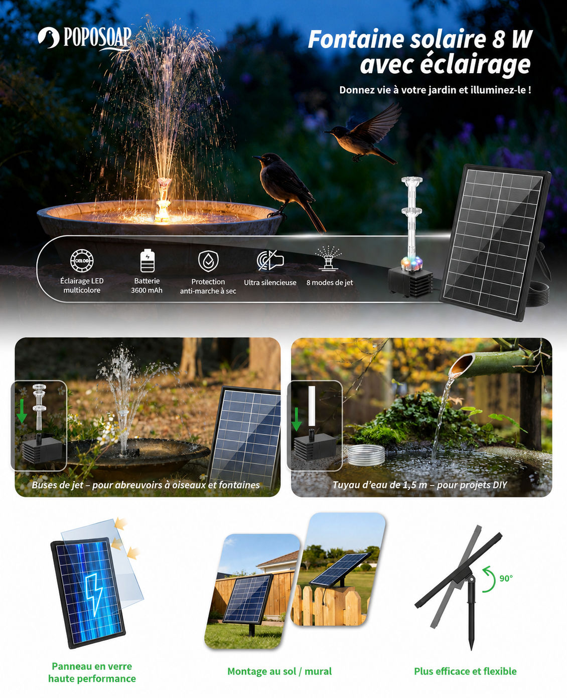 Fontaine solaire POPOSOAP 8W