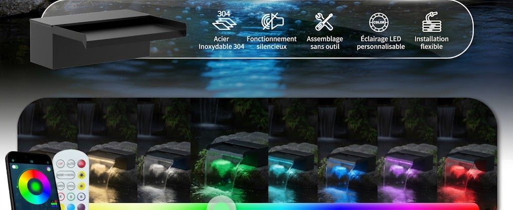 Cascade en acier inoxydable avec LED colorées