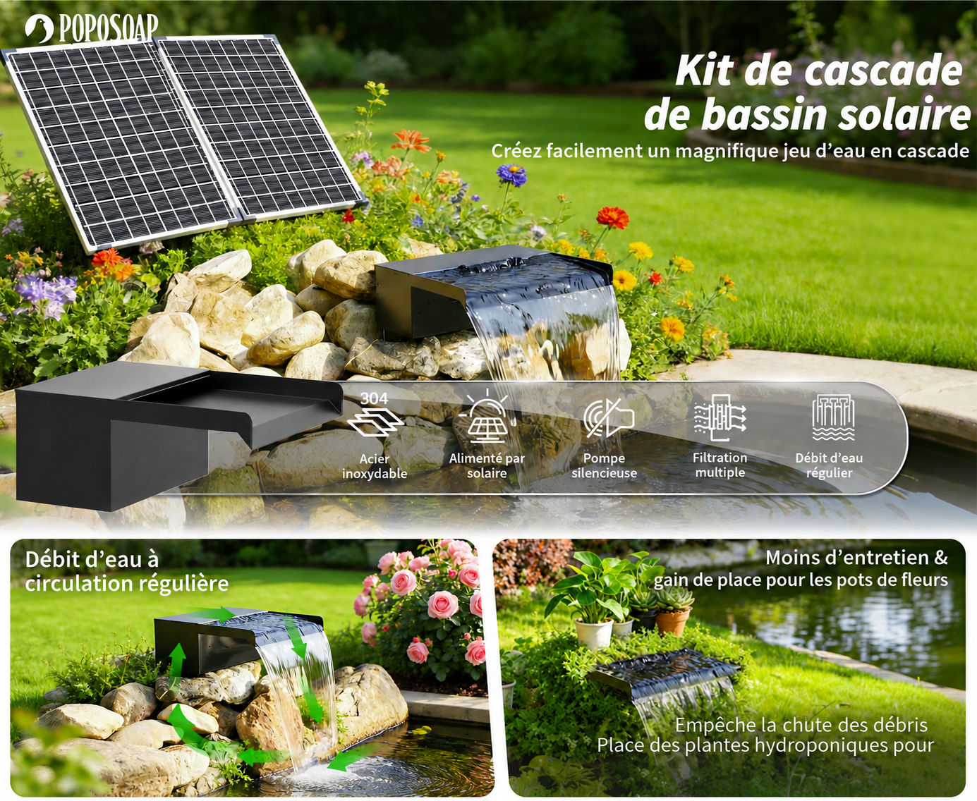 Cascade solaire POPOSOAP pour bassin