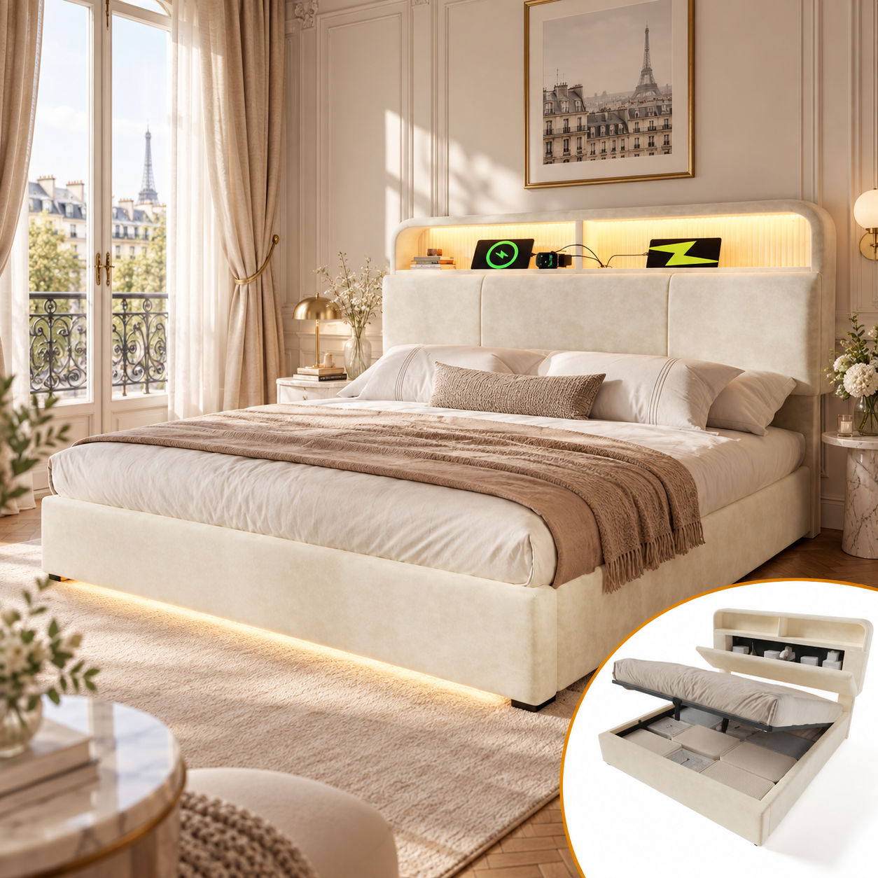 Tête de lit réglable en hauteur avec rangement intégré et bandeau LED