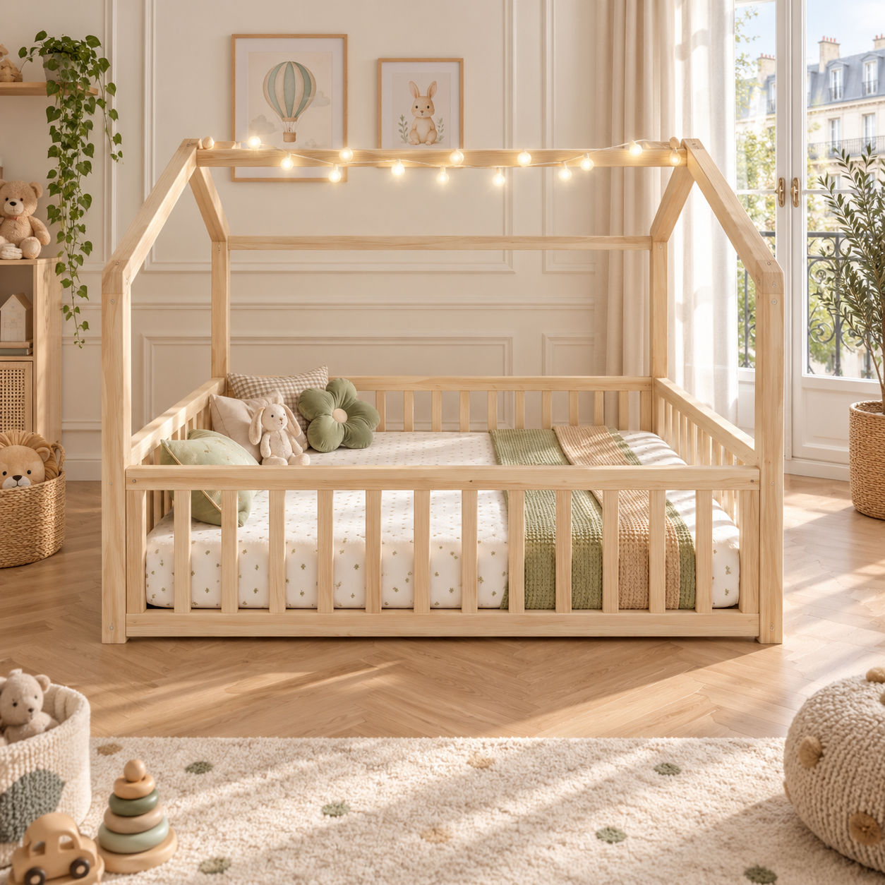 Lit Enfant Maison 90×190 cm (x2) / 180×190 cm – Design Féerique et Modulable – Sécurité renforcée avec barrières de protection