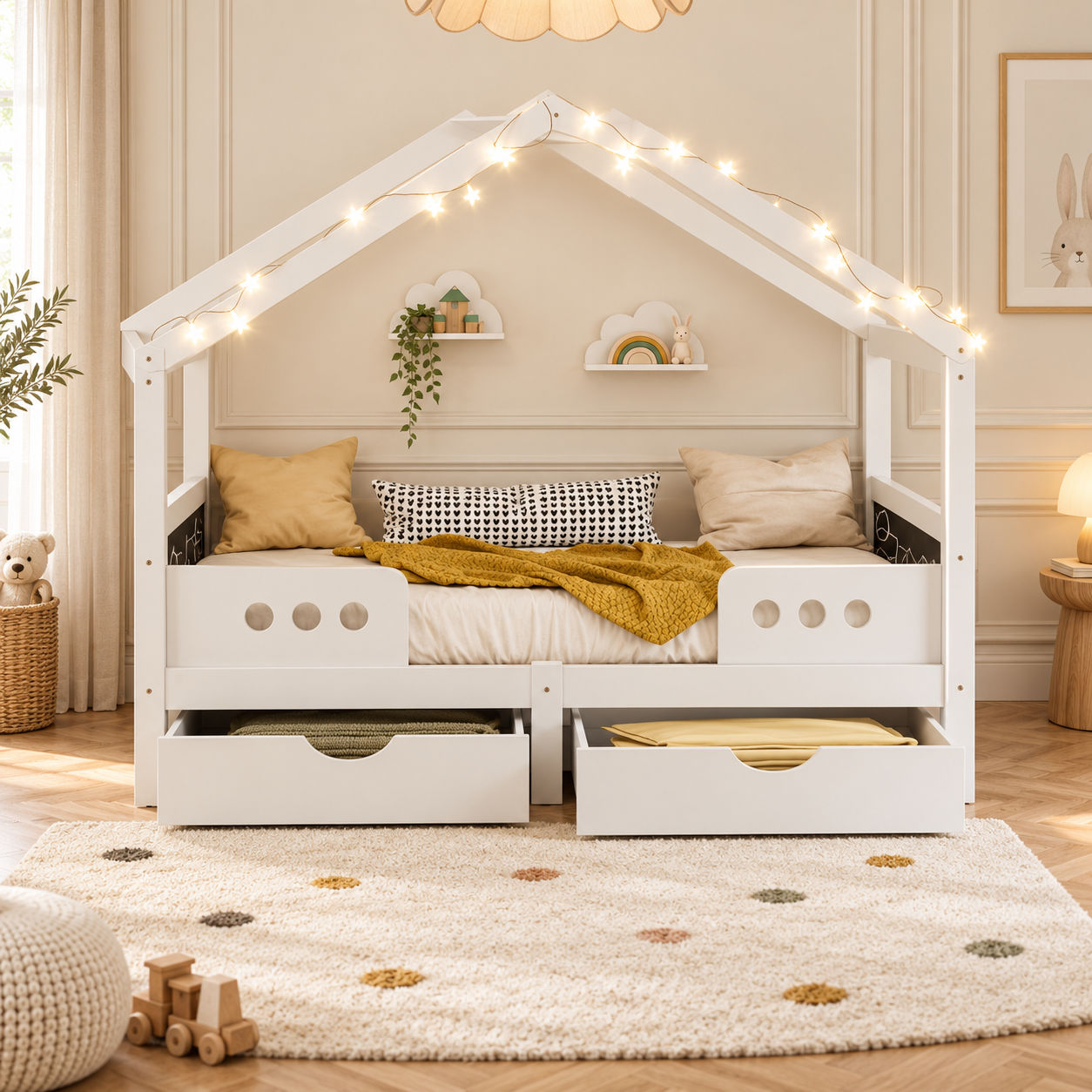 Lit Enfant Maison avec Tableau Noir – Rangement, Créativité et Sécurité – Matériaux de haute qualité et respectueux de l’environnement
