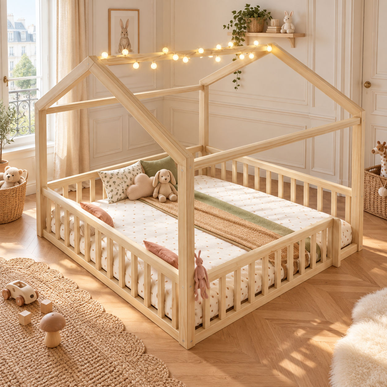 Lit Enfant Maison 90×190 cm (x2) / 180×190 cm – Design Féerique et Modulable – Design cottage féerique et ambiance chaleureuse