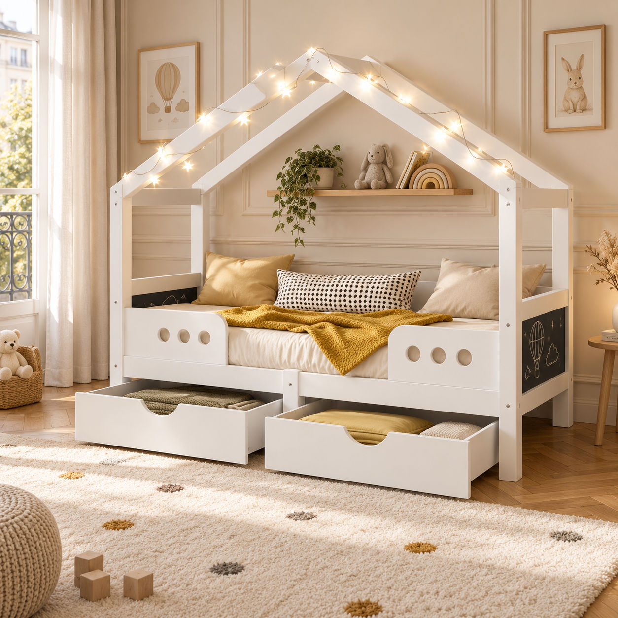 Lit Enfant Maison avec Tableau Noir – Rangement, Créativité et Sécurité – Rangement pratique avec deux grands tiroirs