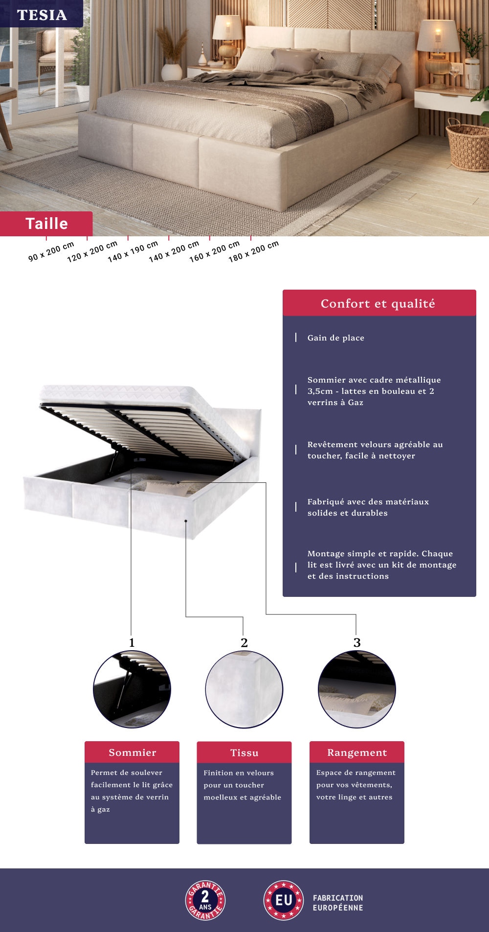 Image de la fiche technique du lit coffre Tesia