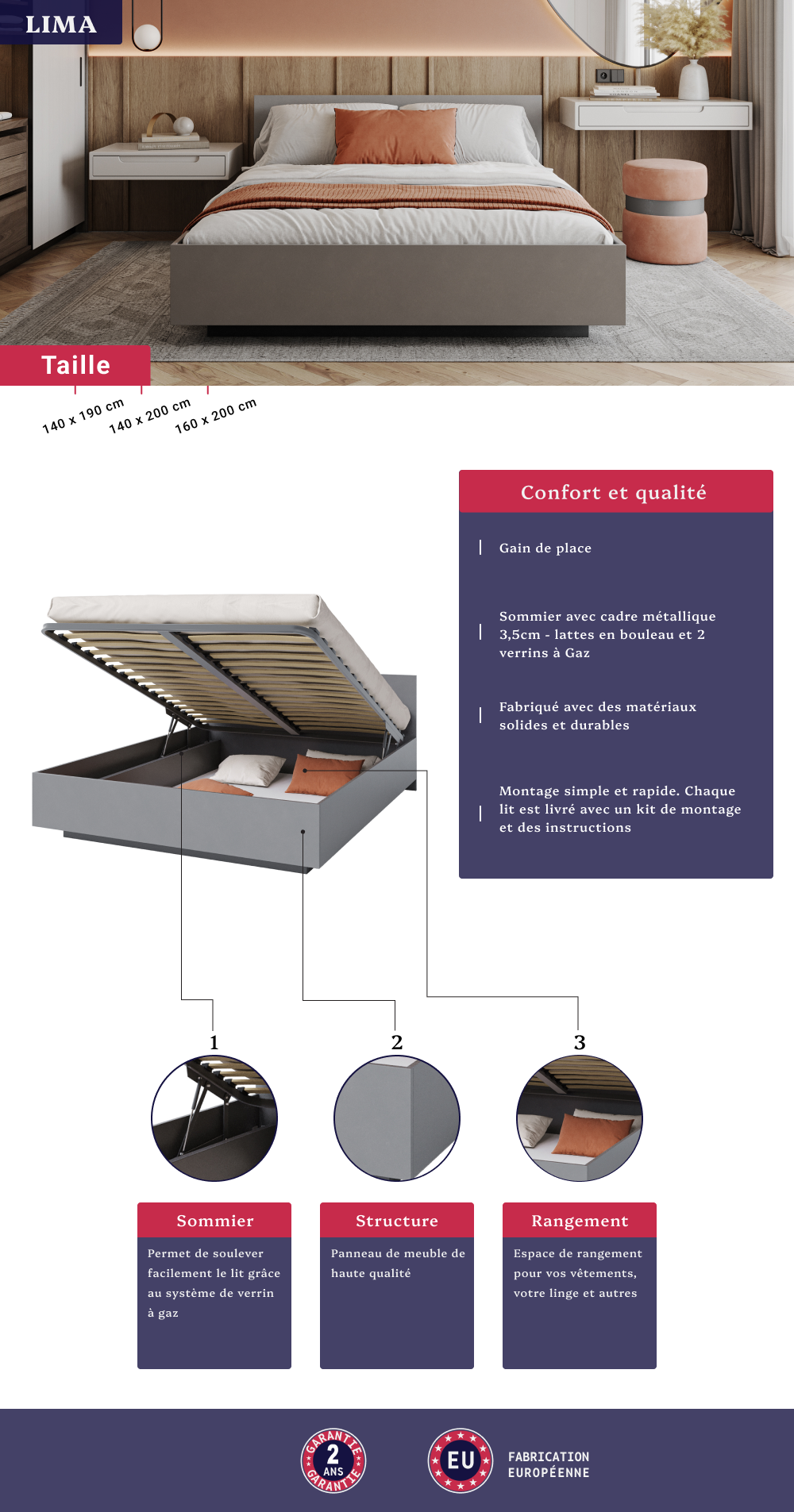 Image de la fiche technique du lit coffre Lima