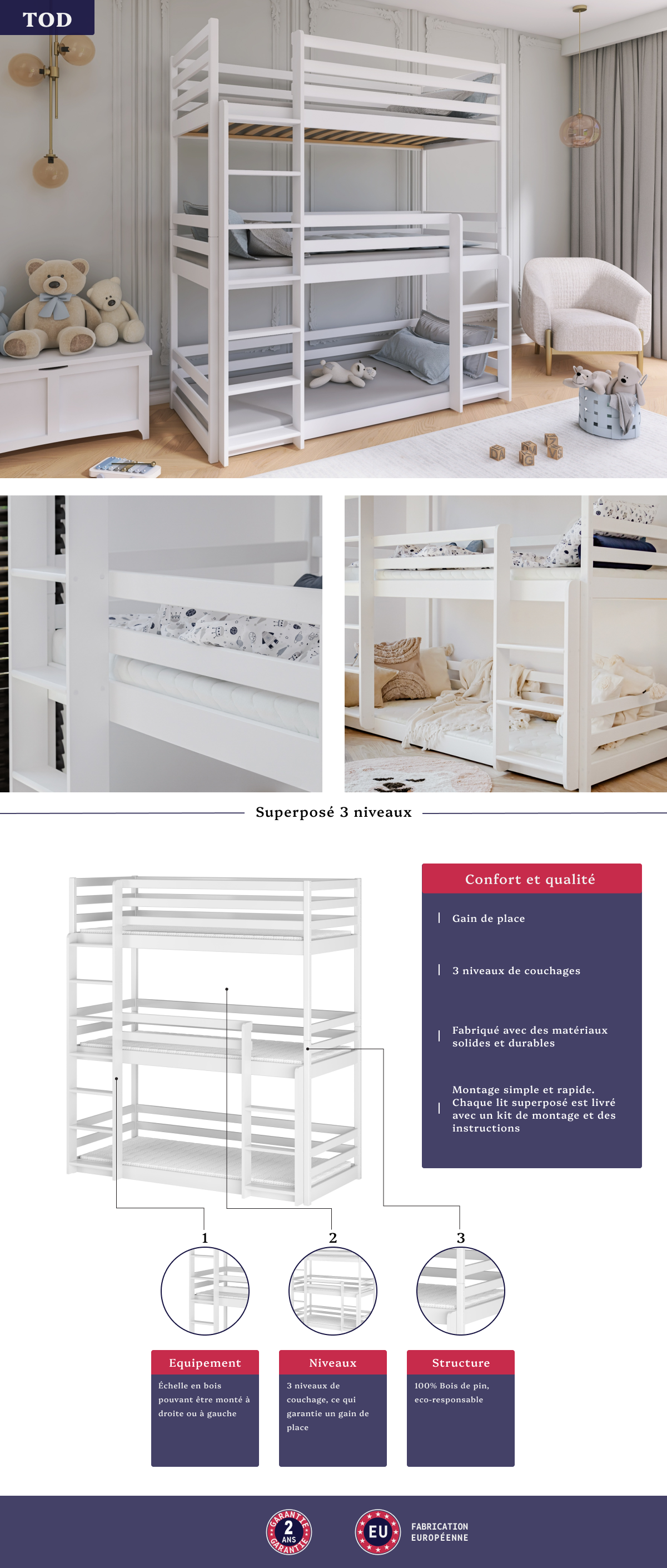 Image de la fiche technique du lit superposé 3 places TOD