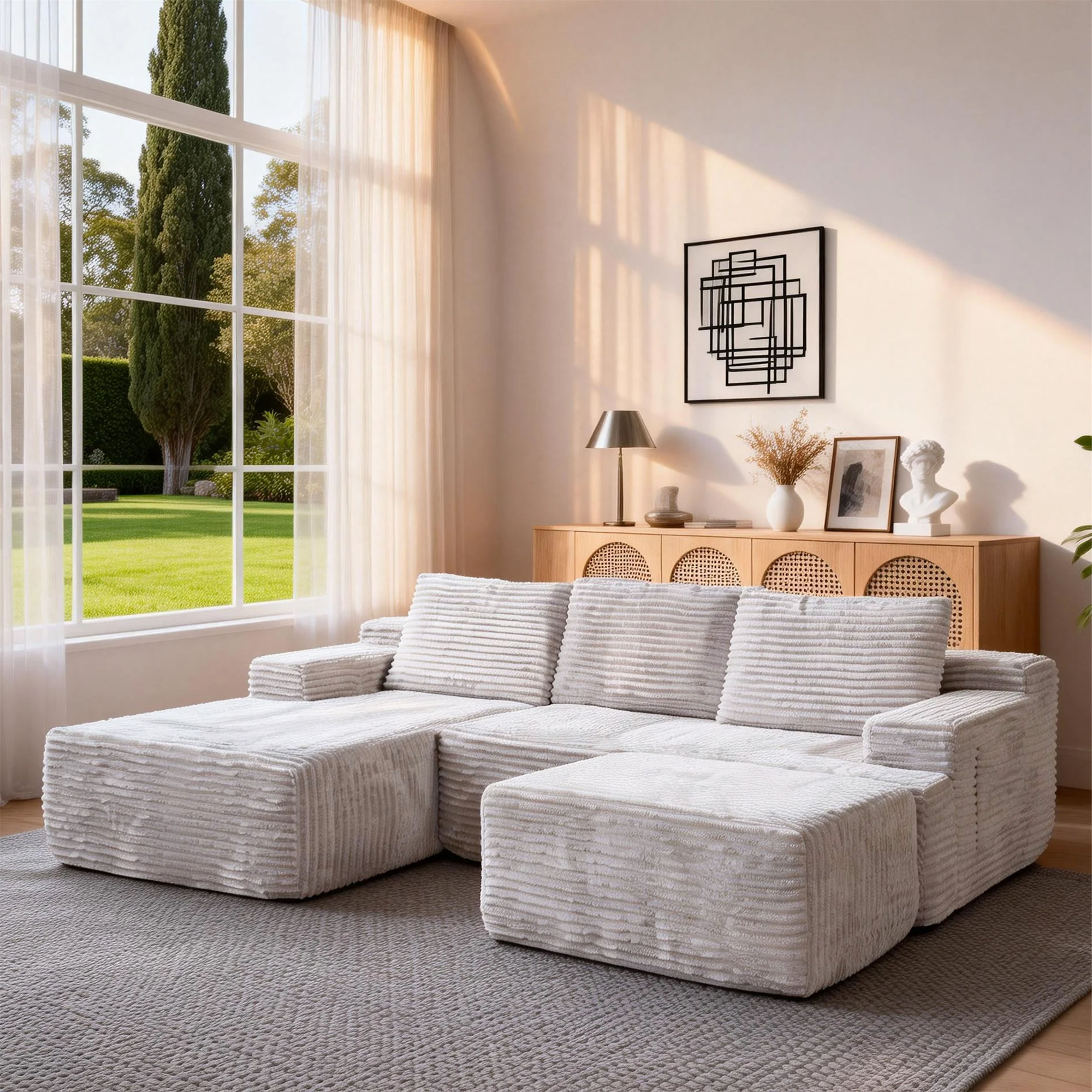 Modular Grey Corduroy L-Shape Sofa – Right Chaise, Left Armrest, Storage Pocket, Ottoman