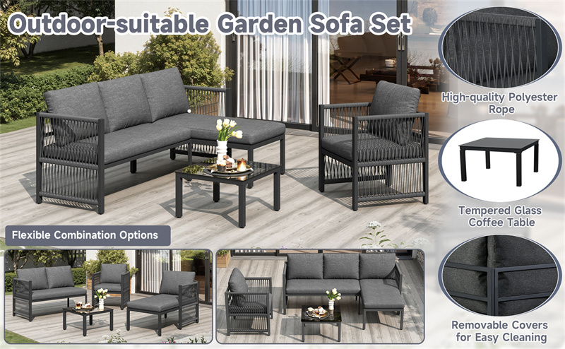 Modular 4-5 seater garden sofa set with coffee table, grey rope weave and cushions