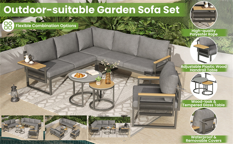 5-6 seater modular rope garden furniture set with coffee tables and cushions