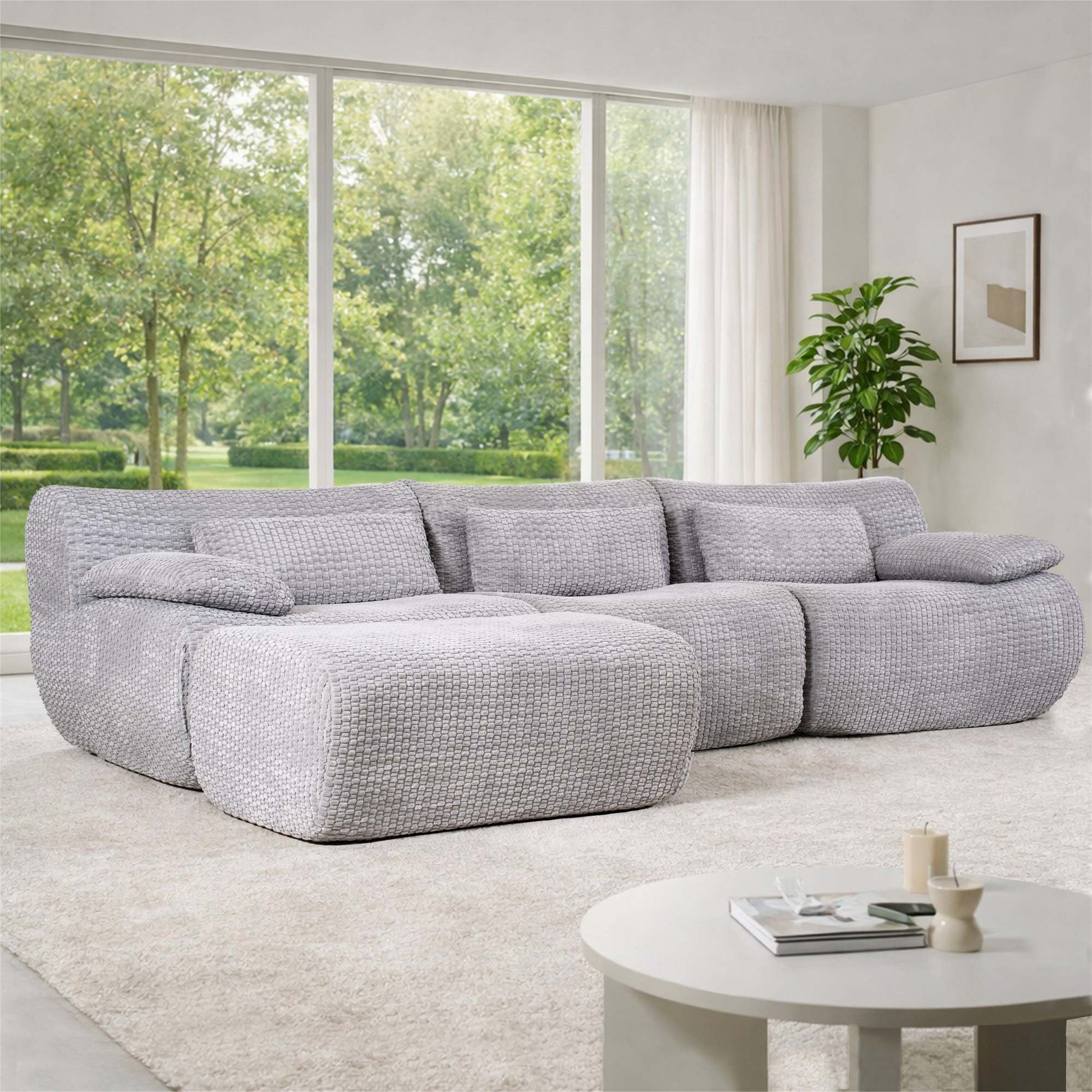 Modular Grey Corduroy Sofa Set – Left/Right Sofas + Middle Unit with Ottoman, Curved Seat Design