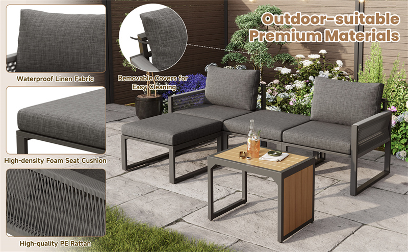 Modular rattan lounge set 2-4 seater with plastic wood table, corner sofa configuration