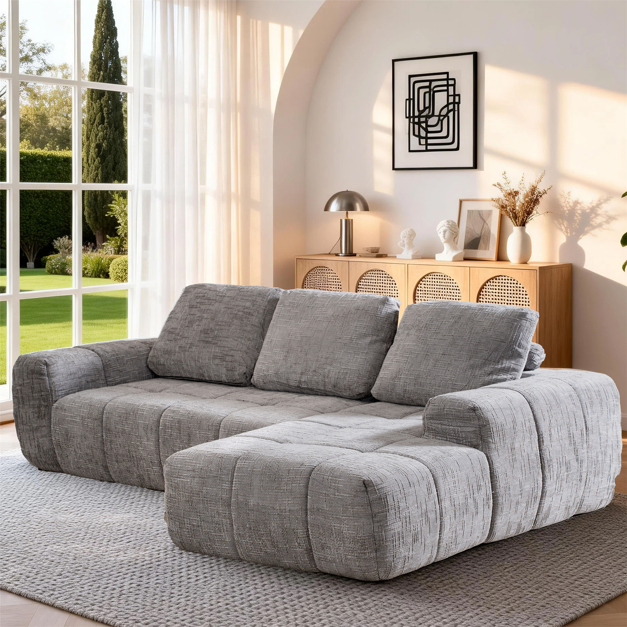 Grey Chenille L-Shape Sofa – Right 2-Seater + Left Chaise, Quilted Stripes