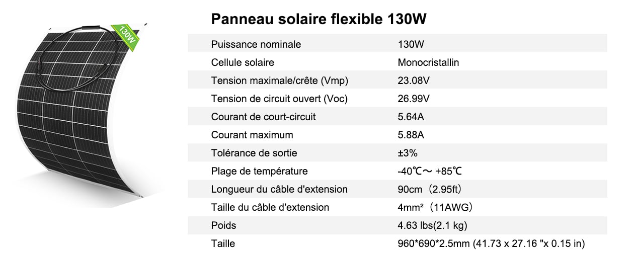 ECO-WORTHY 130W 12V Panneau Solaire Souple Monocristallin Panneau Solaire  Flexible Photovoltaïque pour Camping-car, Bateaux et Autres Surfaces  Inégales : : Commerce, Industrie et Science