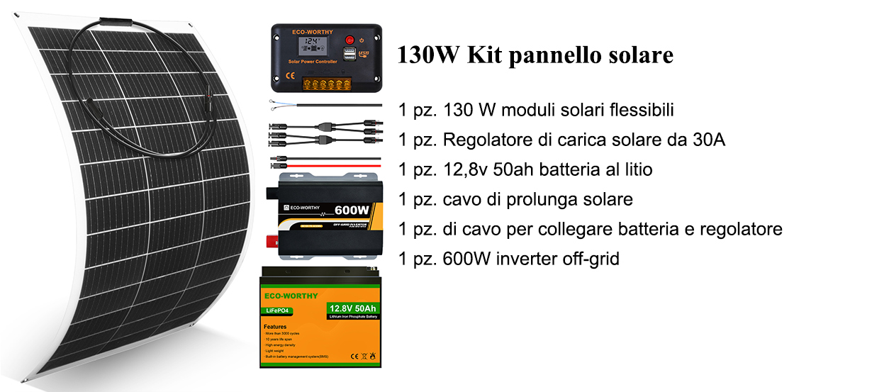 ECO-WORTHY Kit pannello solare flessibile da 130 W 12V / 24V