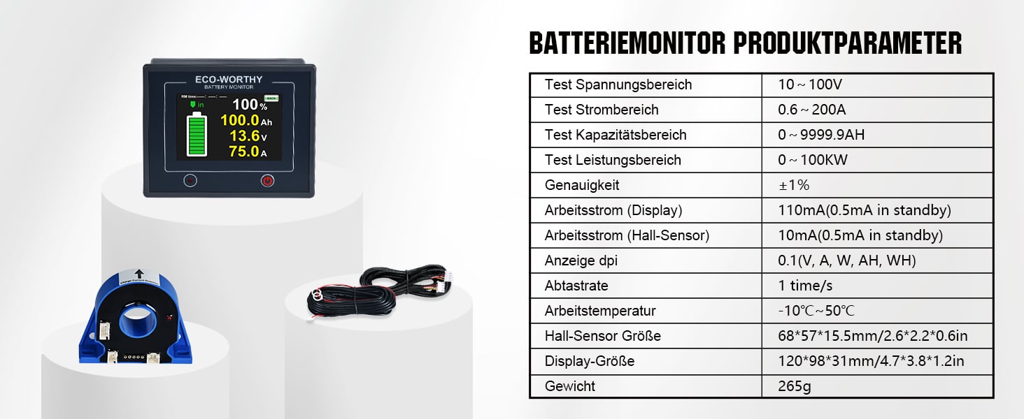 ECO-WORTHY 100V Digitaler LCD Batterie Monitor Berührbare