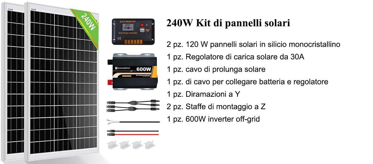 ECO-WORTHY 240W 12V Sistema pannelli solari 1kWh/Day Off Grid Kit per casa  Camper Capannone Alimentazione: 2 pezzi 120W pannelli solari + 30A  regolatore + 600W inverter