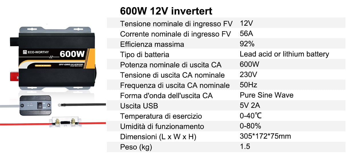 ECO-WORTHY 240W 12V Sistema pannelli solari 1kWh/Day Off Grid Kit per casa  Camper Capannone Alimentazione: 2 pezzi 120W pannelli solari + 30A  regolatore + 600W inverter