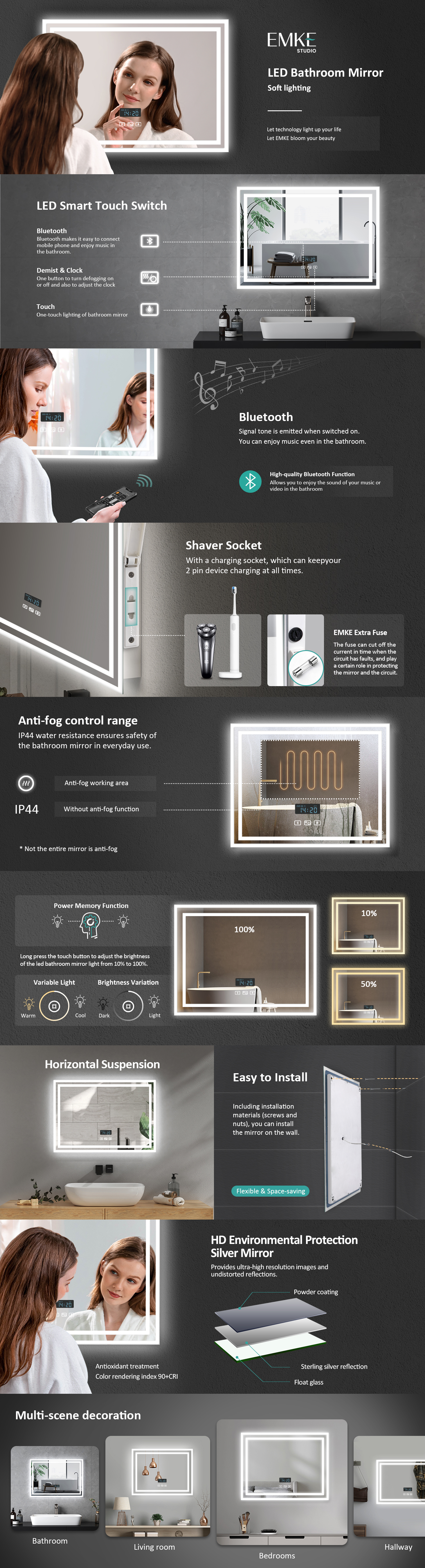 EMKE Backlit Illuminated Bluetooth Bathroom Mirror