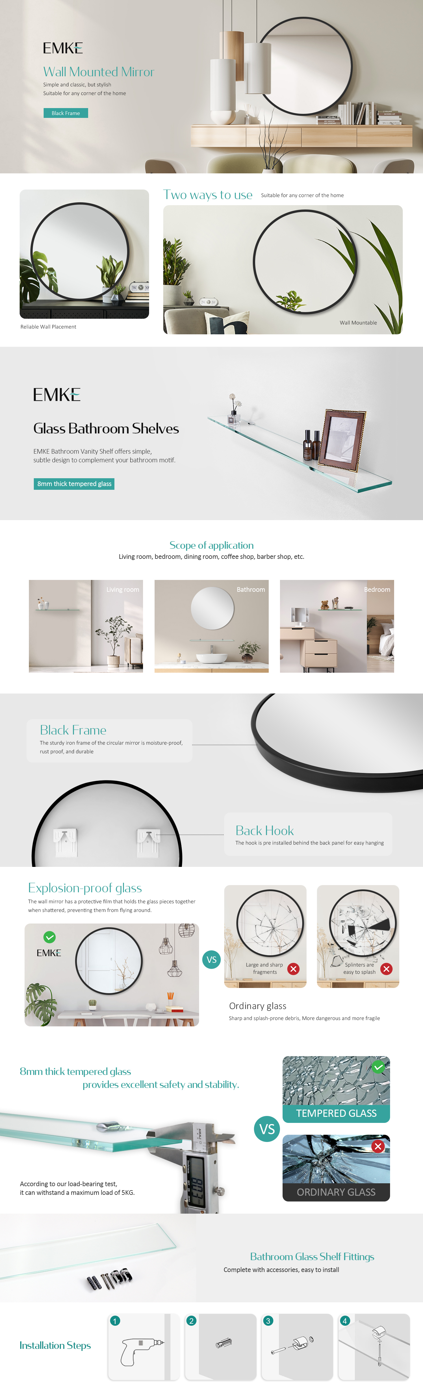 EMKE Round Mirror For Wall Black Metal Frame Circle Mirror, 50cm Bathroom Wall Decorative Mirror With 48cm Shelf -Home Improvement Store