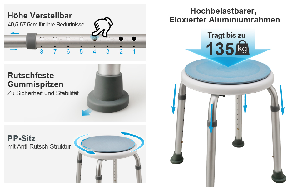 EUGAD Tabouret De Douche, Tabouret Salle De Bain, Hauteur Réglable, Ergonomique, Pieds Antidérapants, Aluminium, Charge Max. 136kg, Pour Personnes Âgées, Femmes Enceintes