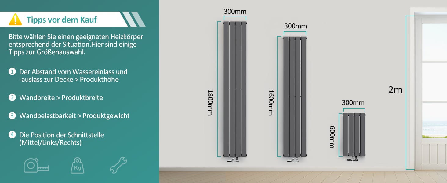 EMKE Vertikal Heizkörper Design Paneelheizkörper 1800x620mm Weiß Flach  Doppellagig Mittelanschluss Heizung 2227W