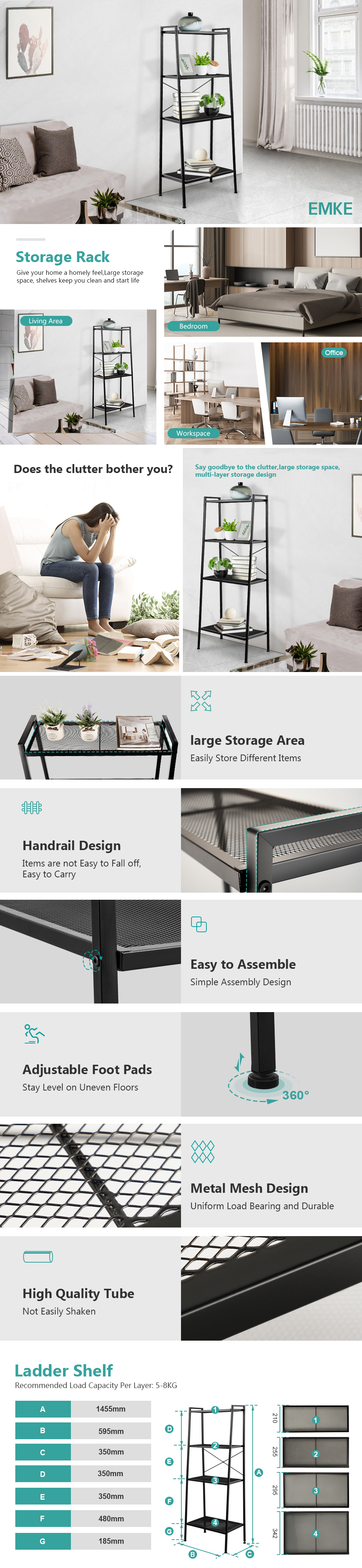 EMKE Freestanding Storage Shelves Black Ladder Shelf Shelves Storage For Living Room Bedroom Kitchen Balcony, Easy To Assemble -Living Room Furniture Store