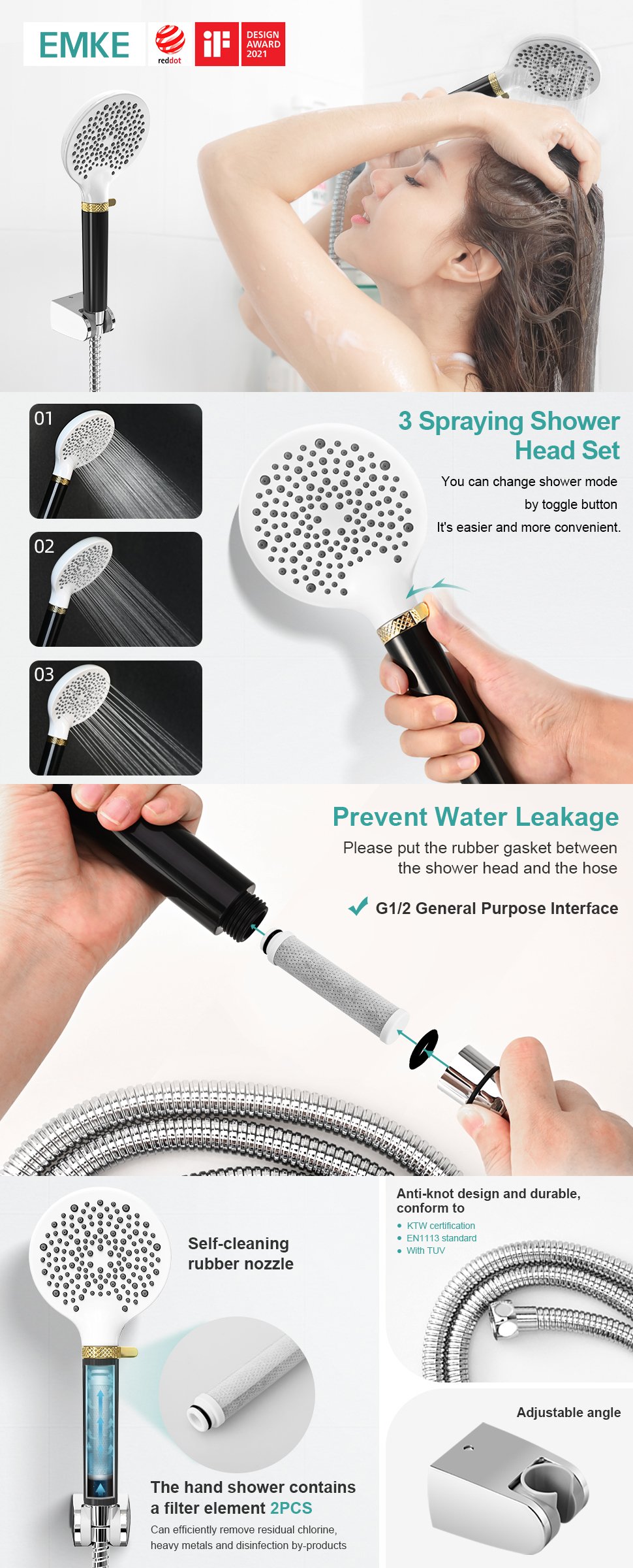 EMKE Shower Head And Hose Set Powerful Flow Shower Head Water Filter Shower 1.5M Hose IF And Red Dot Design Award-Winning Showerhead, Black -Comfort Bathroom Store