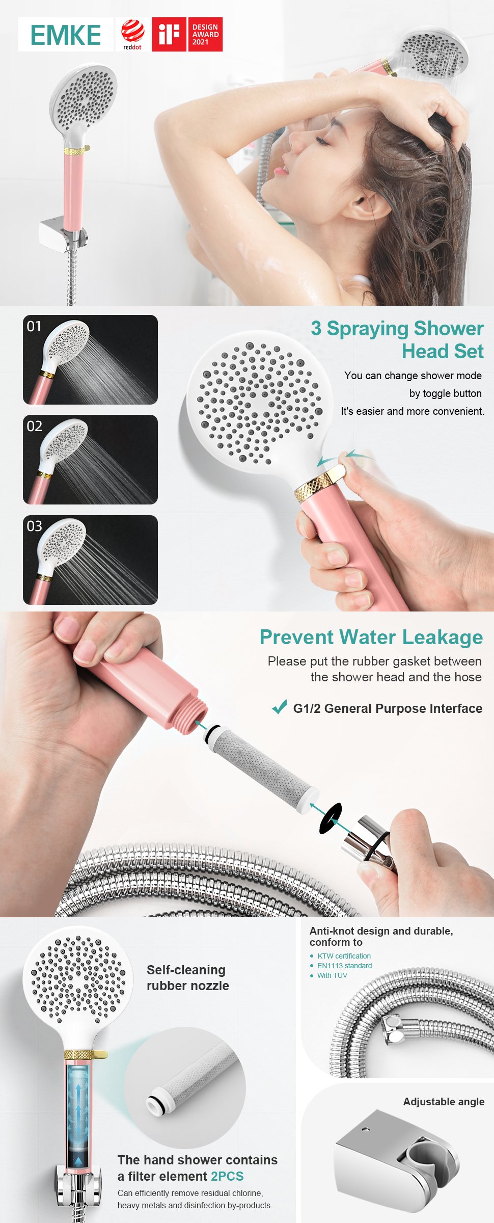 EMKE Shower Head And Hose Set Powerful Flow Shower Head Water Filter Shower 1.5M Hose IF And Red Dot Design Award-Winning Showerhead, Pink -Comfort Bathroom Store