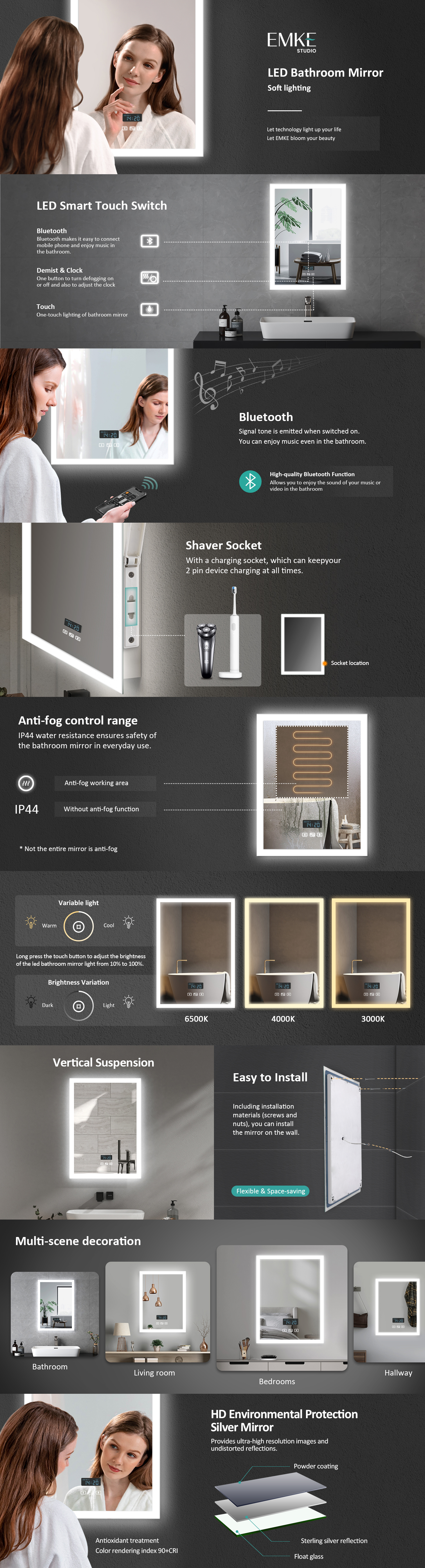 EMKE Backlit Illuminated Bluetooth Bathroom Mirror