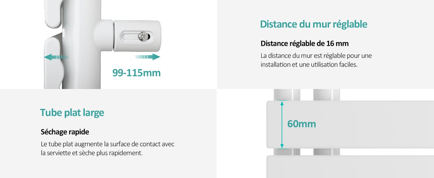 EMKE Sèche-Serviettes Électrique Avec élément Chauffant Thermostat, Sèche-serviettes électrique Panneau Avec Baguette Chauffante Avec Minuterie, Blanc 762x500mm 400W -Atlantic Magasin