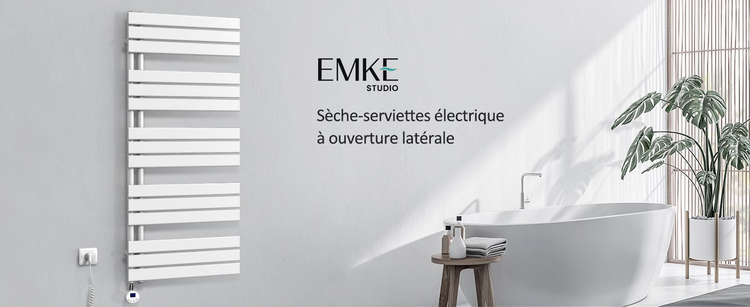 EMKE Sèche-Serviettes Électrique Avec élément Chauffant Thermostat, Sèche-serviettes électrique Panneau Avec Baguette Chauffante Avec Minuterie, Blanc 762x500mm 400W -Atlantic Magasin