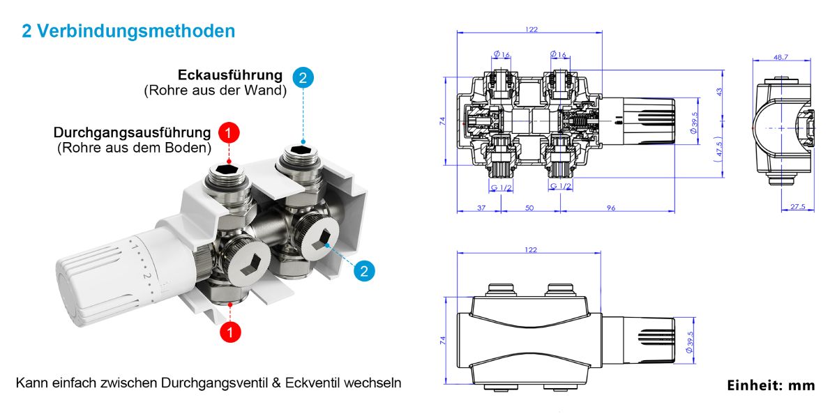 Anapont Heizkörper Ventilset 90° Weiß - Mit Thermostatkopf, Für Badheizkörper, Anschlussgewinde 1/2"