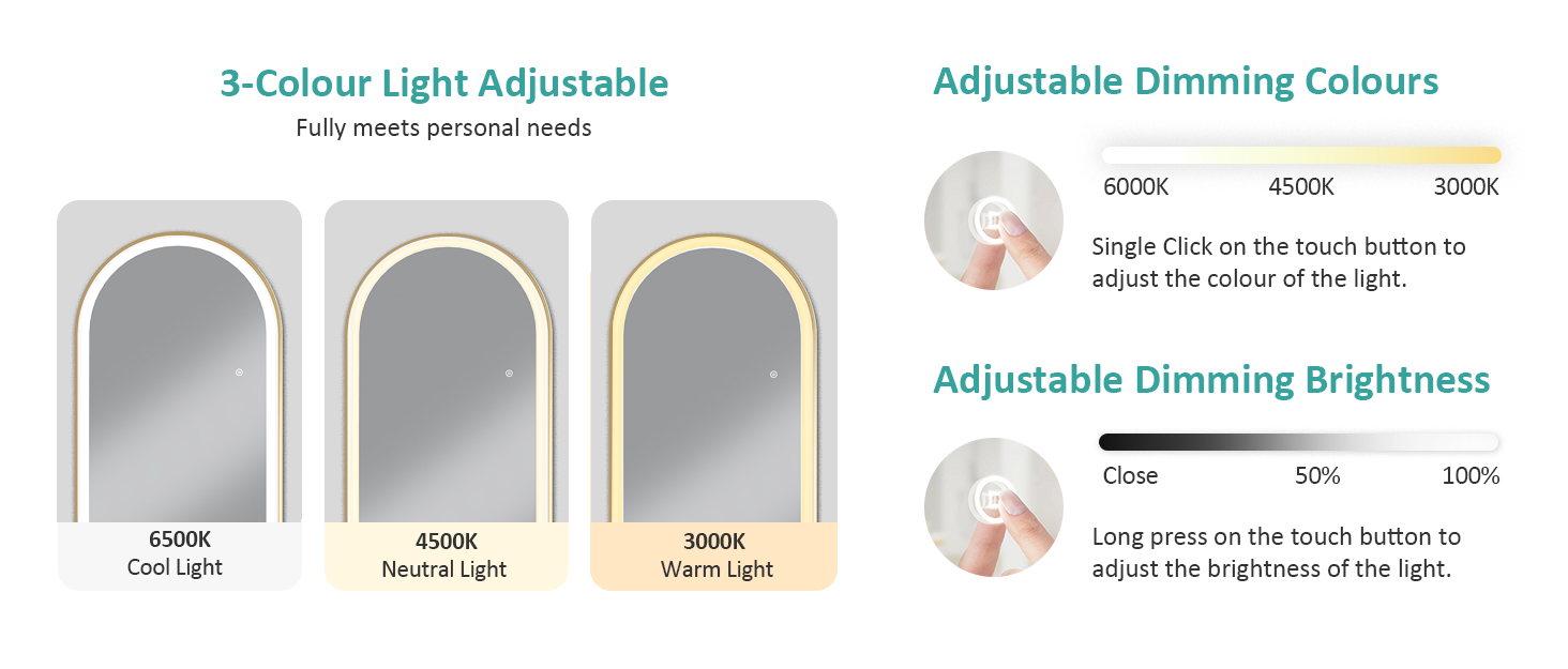 EMKE Freestanding Arched Mirror Full Length With LED Lights Tri-Colour Dimmable Dressing Mirror 160x45cm White Gold -Home Sale Shop