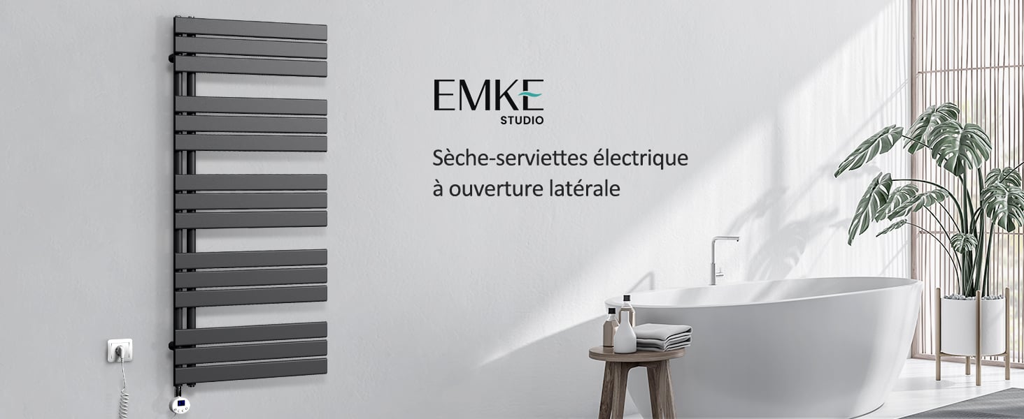 EMKE Sèche-Serviettes Électrique Avec élément Chauffant Thermostat, Sèche-serviettes électrique Panneau Avec Baguette Chauffante Avec Minuterie, Anthracite 762x400mm 400W -Atlantic Magasin