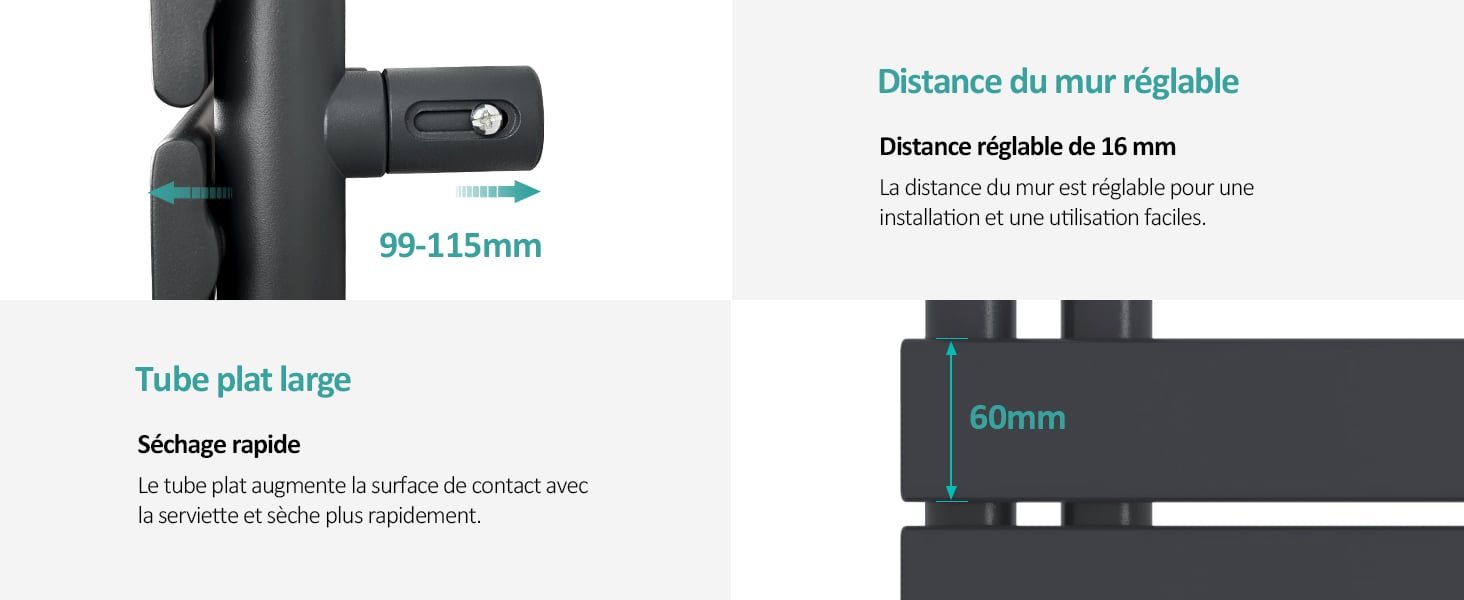 EMKE Sèche-Serviettes Électrique Avec élément Chauffant Thermostat, Sèche-serviettes électrique Panneau Avec Baguette Chauffante Avec Minuterie, Anthracite 762x400mm 400W -Atlantic Magasin