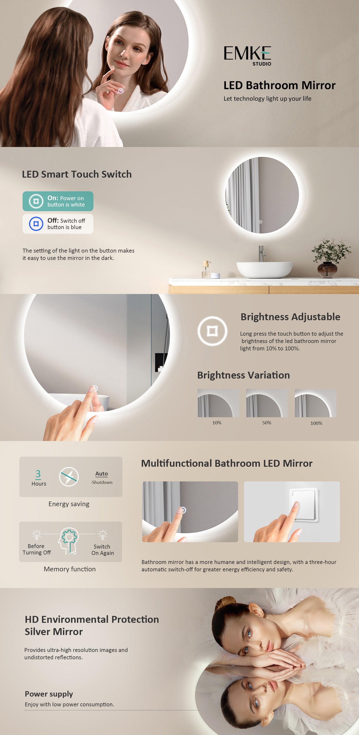 EMKE Bathroom Mirror with Led Lights 800mm Dimmable Illuminated Backlit