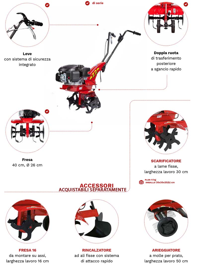 Motozappa la Zappa EUROSYSTEMS - motore a scoppio a benzina RATO RV170 -  Made in Italy