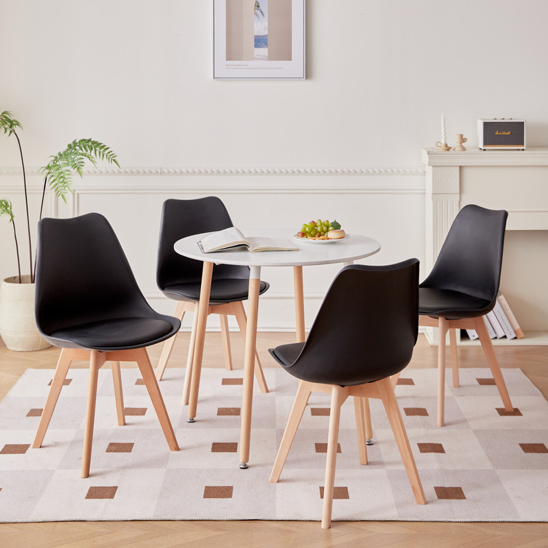 Detalles de los acabados: patas de haya, tablero MDF y ergonomía de las sillas