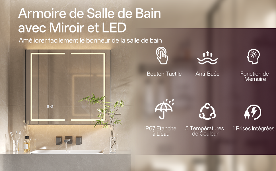 Armoire de Toilette LED Gris Clair Premium