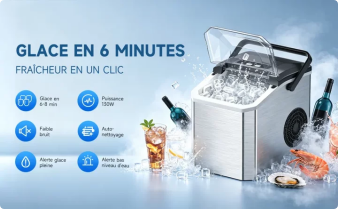 Fonctionnement en un clic Panneau de commande intuitif, accessible même aux débutants :  ADD WATER (alerte eau manquante)  ICE FULL (bac à glaçons plein)  POWER / ON-OFF  SELECT (choix de la taille de glace : Normal / Transparent) Hublot transparent pour suivre la production en temps réel.